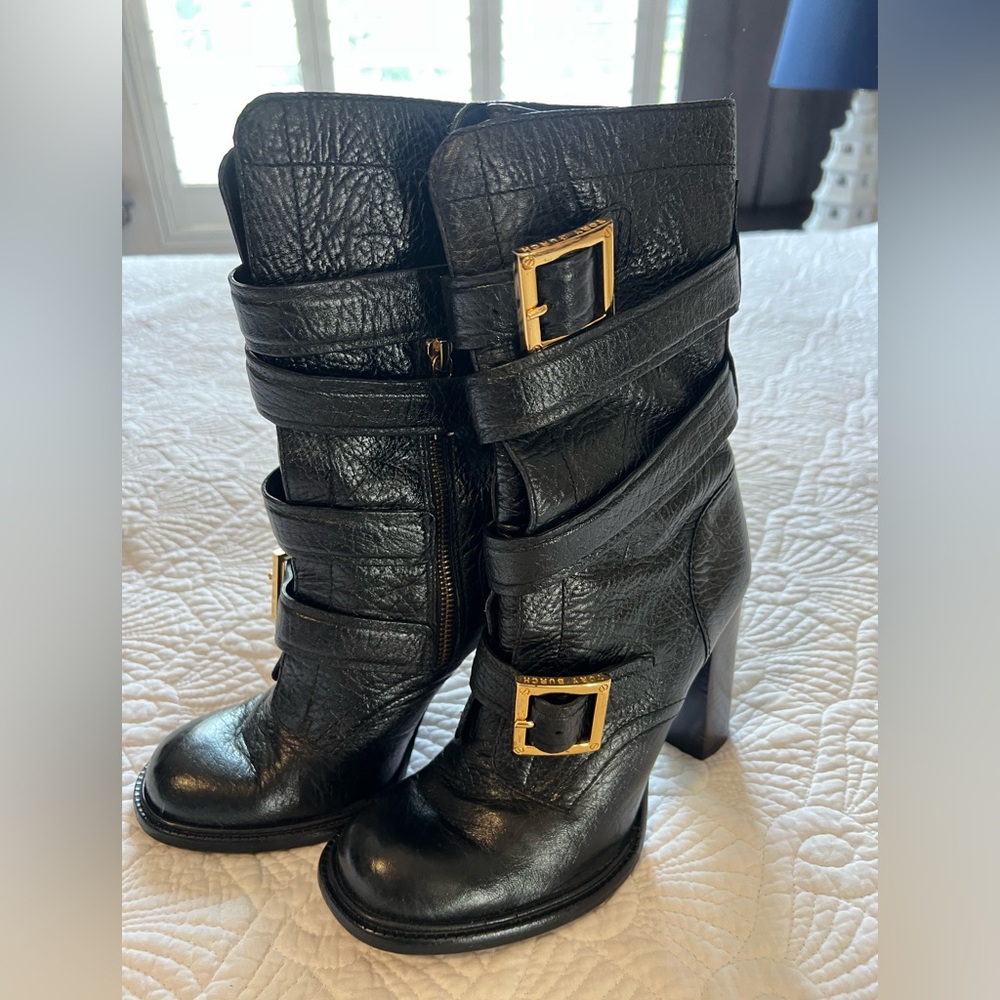 Tory Burch Black Leather Buckle Zipper Boots